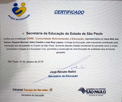 Certificado Amiga da Educação - Secretaria da Educação 2018