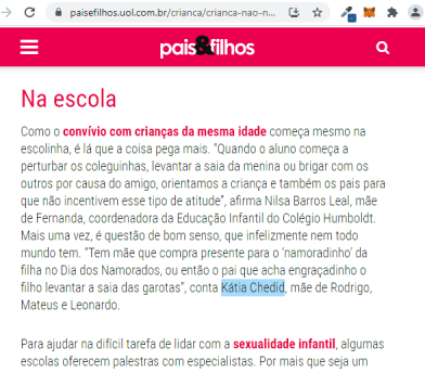 Citação na revista pais e filhos – Reportagem Criança não namora! Saiba por que esse comportamento não pode ser uma “brincadeira” entre as crianças.